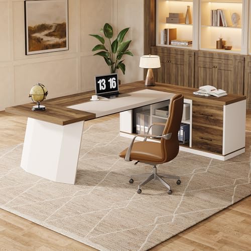Tribesigns 78.7" L-Shaped Executive Desk, Modern Office Desk with 55.1" Storage Cabinet, Large Computer Table with Drawers, Business Furniture Workstation for Home Office, Brown & White