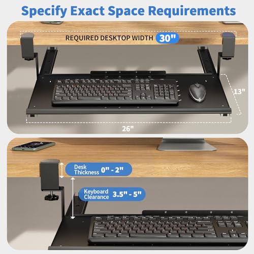 Strifuture Keyboard Tray Under Desk - Full Metal Slide Out Holder, Rust-Resistant & Scratch-Proof, 26x13" Tray, Double C-Clamps for L Shape/Regular Desks, Standing/Sitting Workstation(Black-A)