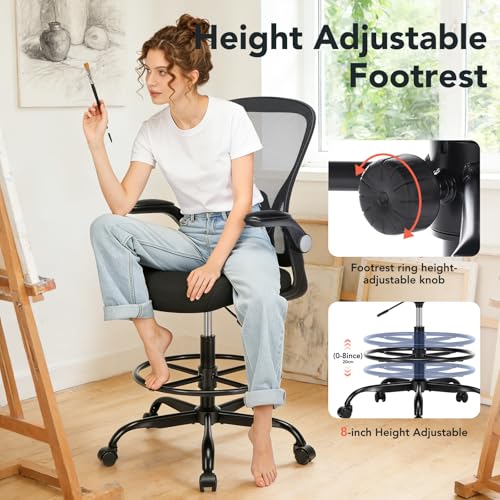 shipborne Drafting Chair, Tall Office Chair for Standing Desk, Mesh High Desk Chair with Flip-Up Armrests, Ergonomic Office Chair with Lumbar Support, Adjustable Footrest Ring Studio Chair, Black