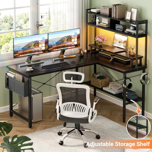 Aheaplus L Shaped Gaming Desk with Power Outlets & LED Lights, Small L- Shaped Desk Computer Corner Desk with Monitor Stand & Storage Shelf, Home Office Desk Writing Desk with Storage Bag, Black