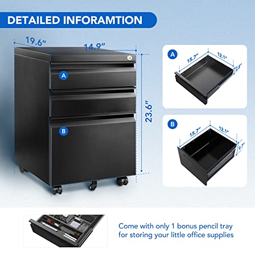 FLEXISPOT 3-Drawer Metal Mobile Filing Cabinet for Home Office - Under Desk Storage with Lock Keys - Legal/Letter/A4 File Organizer - Fully Assembled Except Wheels - Black