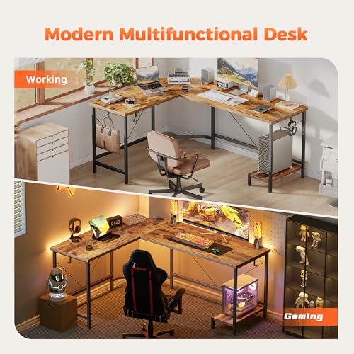 Mericonia 66 inch Large L Shaped Desk, Simple Corner Gaming Desk with CPU Stand & Hooks, Computer Desk for Home, Bedroom & Office Workspace, Rustic Brown