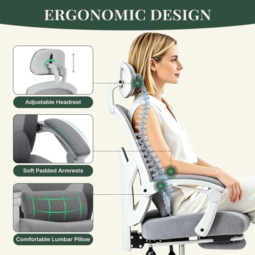 HAPPYMONT Ergonomic Office Chair with Footrest, High Back Home Desk Chair with Lumbar Support & Headrest, 90-135° Reclining Mesh Back Computer Chair with Wheels for Work, Gaming, Grey