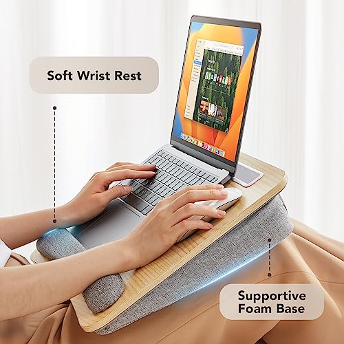 HUANUO Laptop Lap Desk - Portable Lap Desk with Pillow Cushion, Fits up to 15.6 inch Laptop, with Anti-Slip Strip & Storage Function for Home Office Students Use as Computer Laptop Stand - Light Wood