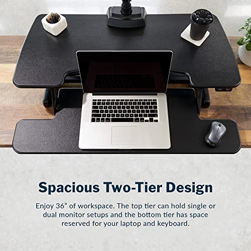 Vari Varidesk Pro Plus 36 Electric Standing Desk Converter – 11 Height Settings + Spring-Loader Lift, 2 Tier Design, Keyboard Tray – Fits Desktops 36” Wide x 26.5" Deep – Fully Assembled (Black)