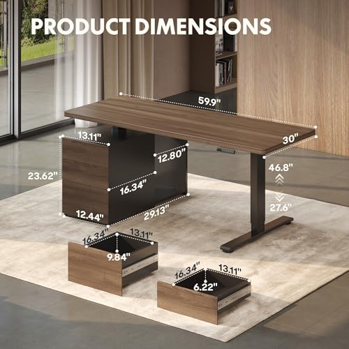 FLEXISPOT 60" Executive Standing Desk with Drawers & CPU Holder, Dual Motor Height Adjustable Desk, 222 LBS Capacity, 1" Thick Desktop, Home Office Workstation, Black Walnut, 3 Packages