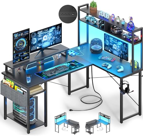 Besiost Small L Shaped Desk Gaming Desk with Power Outlets, 48" Reversible L Shaped Computer Desk with Monitor Stand & Storage Shelf, Corner Gamer Desk Home Office Desk with Storage Bag, Black