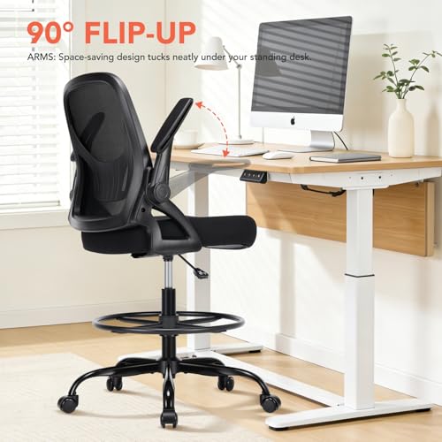 shipborne Drafting Chair, Tall Office Chair with Adjustable Footrest Ring, Standing Desk Chair with Flip-Up Armrests, Breathable Mesh High Desk Chair for Counter Height Desk, Black