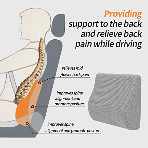 TISHIJIE Memory Foam Lumbar Support Pillow for Car - Lower Back Support Cushion for Driving, Back Pain Relief for Car Seat, Office Chair, Wheelchair (Gray)