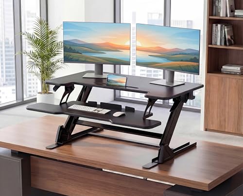 HUANUO 36" Z Shaped Stable Standing Desk Converter, Height Adjustable Sit Stand Up Desk Riser, Dual Monitor and Laptop Workstation with Wide Keyboard Tray, Desk Lifter for Home Office,Black