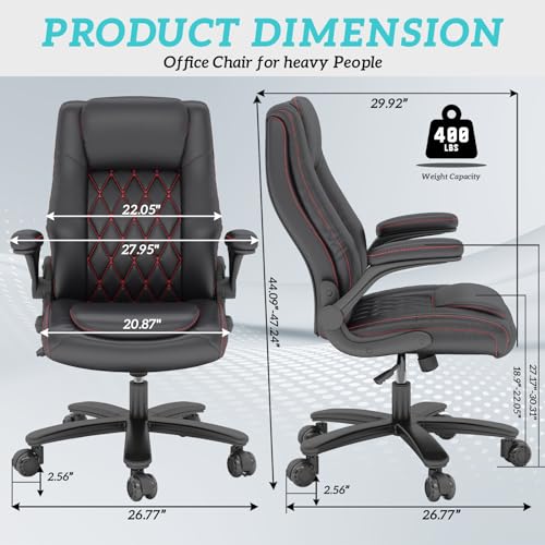 GYI Office Chair, Ergonomic Computer Desk Chair, Leather Executive Office Chair with High Back, Lumbar Support, Flip-up Arms, Wide and Thick Padded Seat, Heavy Duty Base, Rubber Wheels, Black