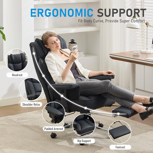 OwgeinSet Big and Tall Office Chair, Ergonomic Leather Reclining Chair with Footrest, High-Back Comfy Executive Computer Desk Chairs with Lumbar Support, Wide Seat, 400LBS (Black)