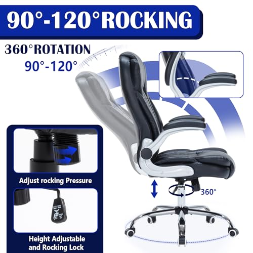 400lbs Executive Office Chair with Flip-Up Armrests, Big and Tall Computer Chair for Heavy People, Heavy Duty Ergonomic Comfy Chair, Breathable PU Leather (Black)