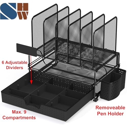 Simple Houseware Mesh Desk Organizer with Sliding Drawer, Double Tray and 5 Upright Sections, Black