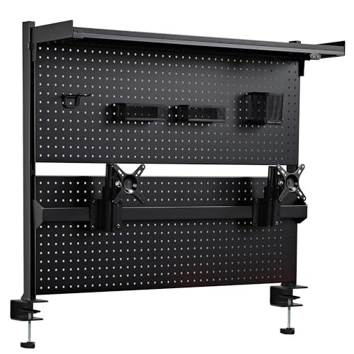 EUREKA ERGONOMIC Metal Pegboard, 43x34inch Clam on Desk Pegboard with Dual Monitor Stand, Garage Pegboard with 4 Accessories, Desk Shelves for Tool organizer, Office, Gaming Desk, Workbench, Black