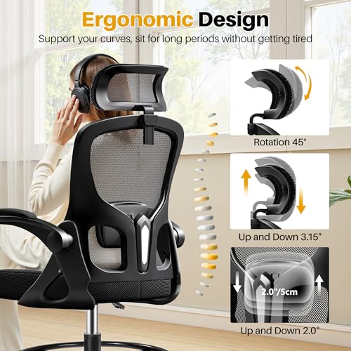 FINATI Drafting Chair, Tall Office Chair for Standing Desk, Ergonomic High Back with Headrest, Lumbar Support, Foot Ring and Flip-up Armrests, Black