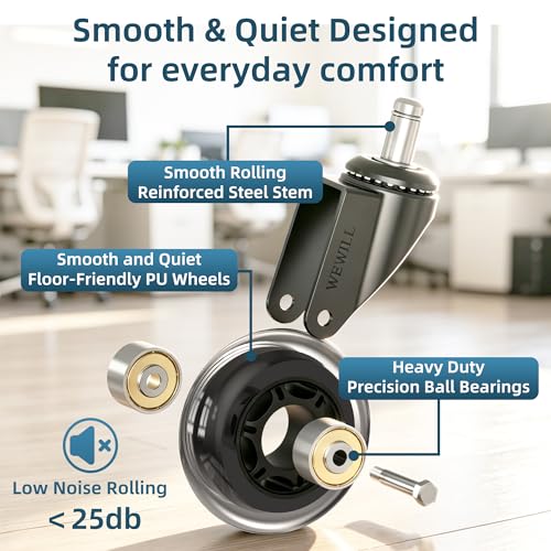 WEWILL Office Chair Wheels - Rubber Casters Replacement Universal Fit 98% Chair(Set of 5) Heavy Duty 3 Inch Smoothly & Quietly Safe for All Floor, Hardwood, Tile, Carpet, Noise Free - Clear