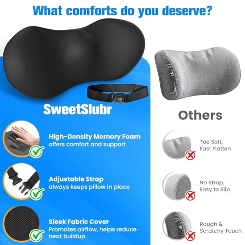 SweetSlubr Lumbar Support Pillow for Office Chair - Memory Foam Lumbar Pillow with Detachable Strap & Breathable Cover, Ergonomic Back Support for Office Chair, Car Seat Cushion, Bed Rest (Black)
