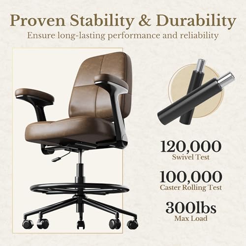Perledesign Drafting Executive Chair, Tall Office Chair with Padded Flip-Up Armrests, Mid-Back Cushioned Seat, 360° Swivel Rolling Computer Desk Chair for Standing Desk & Home Office, Vintage Brown