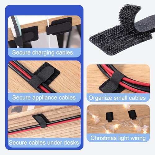 100PCS Cable Management Under Desk, Hook and Loop Cable Straps Self Adhesive Cable Organizer, Reusable Cable Ties for Cords Home Office TV Computer Car Wire Organizer, Black