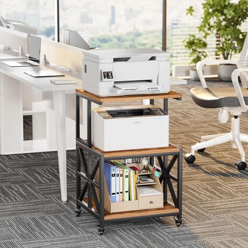 GreenForest Printer Stand with Lockable Wheels, Heavy Duty Printer Table with 3-Tier Storage Shelf for Home Office, Mobile Printer Cart for Small Spaces, 19.7"x17.7", Walnut