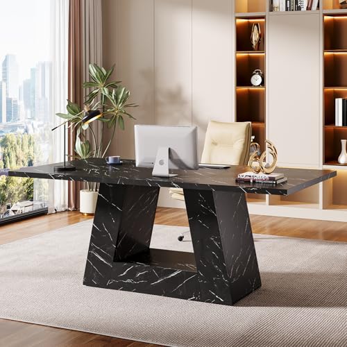 Tribesigns Modern Executive Desk, 63-Inch Large Office Desk Workstation, Simple Style Computer Desk Study Table with Sturdy Base, Wooden Faux Marble Writing Desk for Home Office, Black
