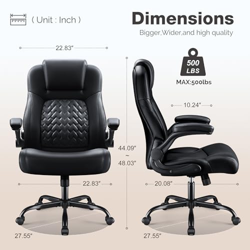 Furmax Big and Tall Office Chair 500lbs, Heavy Duty Office Chairs, Ergonomic High Back Desk Chair, Adjustable Flip Up Armrest Executive Chair Made of PU Leather, Computer Chair for Gaming Desk (Black)