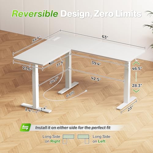Huuger L Shaped Standing Desk with Power Outlets, 63 x 55 Inch Height Adjustable Computer Desk for Bedroom, Corner Stand up Desk for Home and Office, Work and Study, White