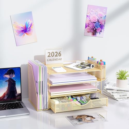 gianotter Desk Organizers and Accessories with File Holder, 4-Tier Desk Accessories & Workspace Organizers with Drawer and 2 Pen Holder, Paper Organizer for Office Supplies(Gold)