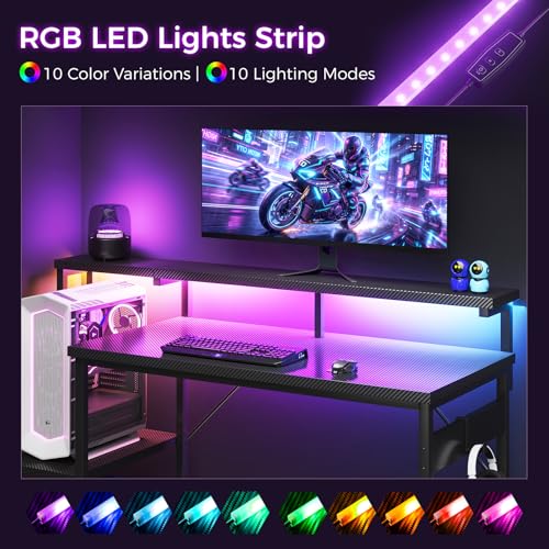 AODK 48 Inch Gaming Desk with LED Lights, Computer Desk with Storage Shelves, Reversible Desk with Monitor Stand, Carbon Fiber Black