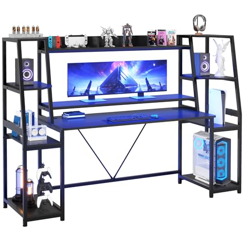 SEDETA Gaming Desk 78.8'' with LED Lights, Hutch and Storage Shelves, Computer Desk with Monitor Stand, Large PC Gamer Desk Workstation, Ergonomic Gaming Table for Bedroom, Living Room, Black
