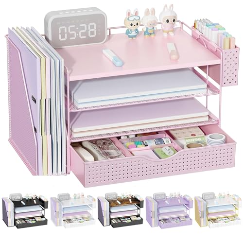 gianotter Wood Desk Organizers and Accessories with File Holder, 4-Tier Desk Accessories & Workspace Organizers with Drawer and Pen Holder, Desk Reference Organizer (Pink, 4T with Drawer)