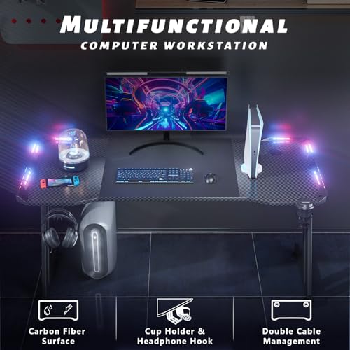 HLDIRECT 47 Inch Gaming Desk with LED Lights, Large RGB Computer Gaming Desk Table with Cup Holder Headphone Hook Mouse Pad, Ergonomic Modern Carbon Fiber Mesa Gamer Pc Work Home Office Desks, Black