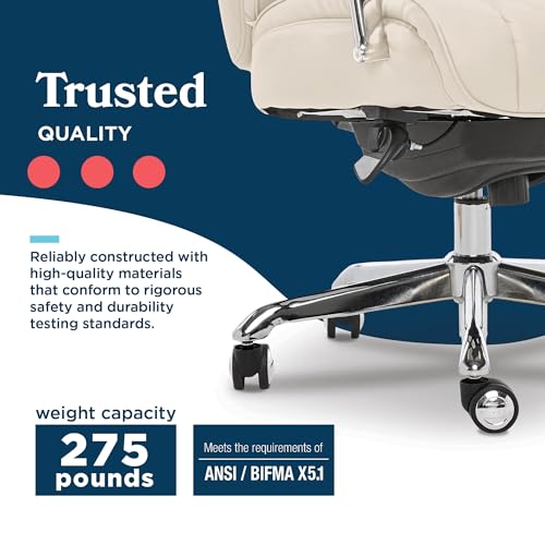 La-Z-Boy Sutherland Quilted Leather Executive Office Chair with Padded Arms, High Back Ergonomic Desk Chair with Lumbar Support, Ivory White Bonded Leather
