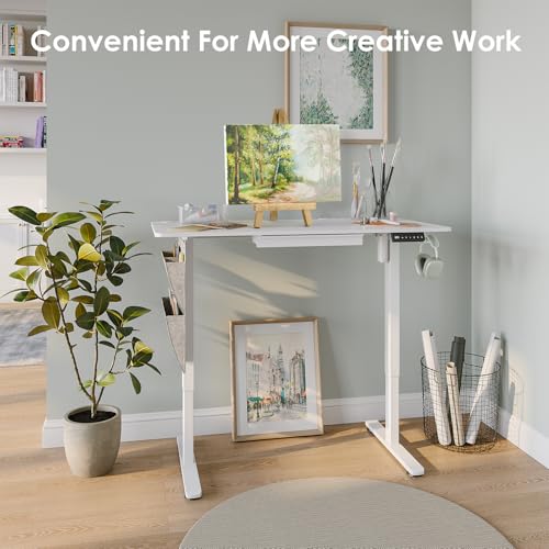 DSNAPE 48" x 24" Electric Standing Desk with Drawers, Height Adjustable Sit Stand Desk with 3 Preset Heights Side Hook Storage Pocket Cable Clips Ergonomic Rising Home Office Computer Table, White