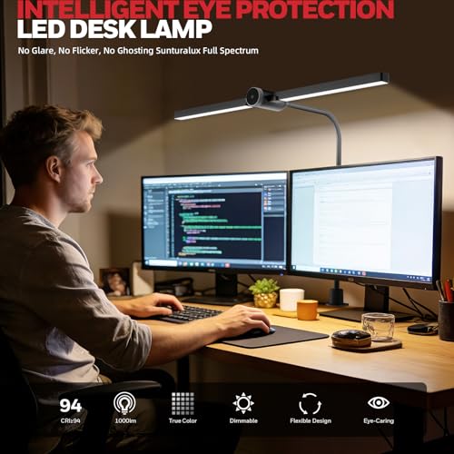 Honeywell Led Desk Lamp with Clamp - HJ4 Sunturalux™, Flexible Dual‑Head Clip‑On Gooseneck Desk Lamps for Home Office, 4 Color Temperature Modes, Stepless Dimming Eye Caring Computer Light, Black