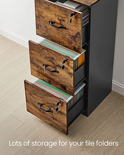 VASAGLE Custos Collection File Cabinet, 3 Drawer Filing Cabinet for Home Office, with Wheels, for A4, Letter Sized Documents, Hanging File Folders, Rustic Brown UOFC055KD01