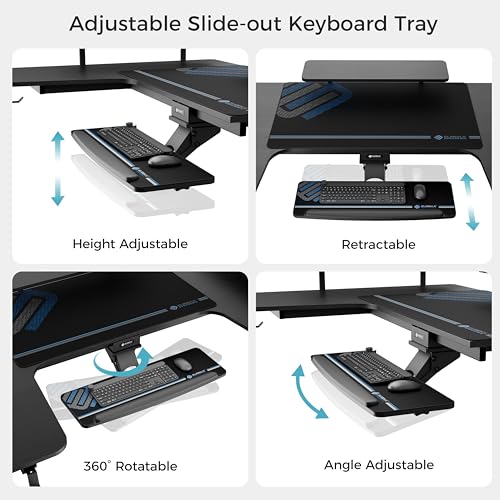 EUREKA ERGONOMIC Standing Desk with Keyboard Tray,U-Shaped 74 Inch Large Gaming Desk,Electric Height Adjustable Music Studio Desk w LED Convertible Shelves