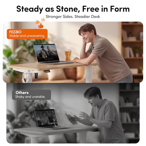 FEZIBO Standing Desk, 48 × 24 Inches Electric Height Adjustable, Sit and Stand Up, Computer Office Desk with Splice Board, White Frame/Maple TOP