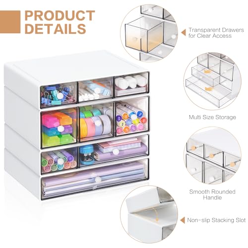 FODIENS Desk Storage Organizer with 9 Drawers, 4 Tiers Stackable Desktop Craft Storage Drawers, Clear Storage Box Caddy for Stationary Makeup Jewelry Office Craft Supplies (White)