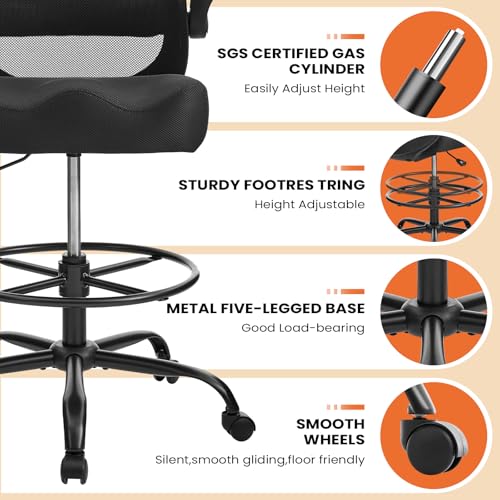 Drafting Chair 500LBS – Tall Office Chair with Adjustable Height & Foot Ring for Standing Desk, Ergonomic Mesh Chair with Flip-Up Armrests, Thick Curved Seat for Home Office & Creative Work