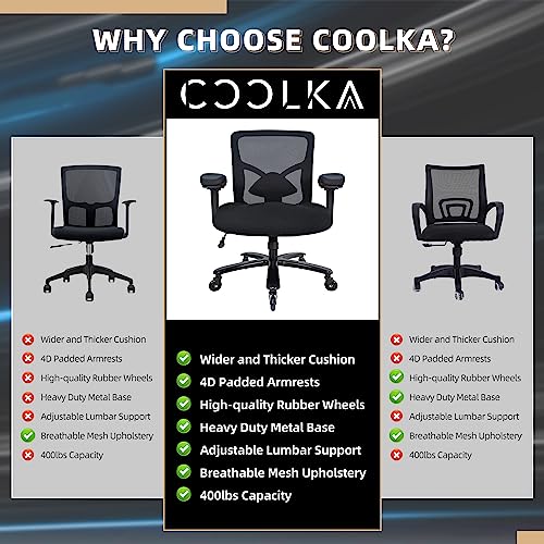 Coolka 500LBS Big and Tall Office Chair with 4D Armrests & Adjustable Backrest, Heavy Duty Office Chair for Heavy People, Memory Foam Seat Filling Springs, Black