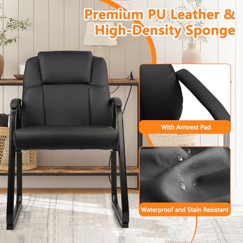 CLATINA Leather Guest Chair with Padded Arm Rest for Reception Meeting Conference and Waiting Room Side Office Home Black with Sled Base 2 Pack