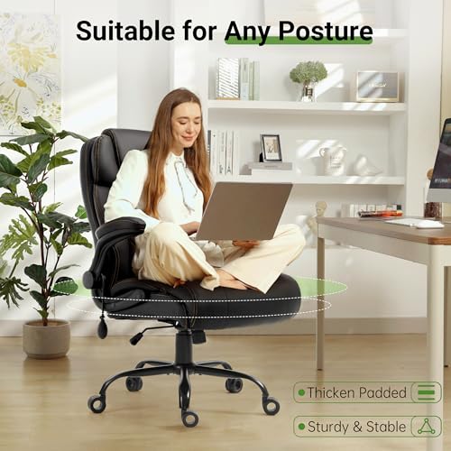BLISNEST Office Chair, Big and Tall Executive Chairs with Lumbar Support for Back Pain, Breathable Desk Computer Chair with Adjustable Flip-up Armrests, Wide Cushion Swivel Home Office Chair Black PU