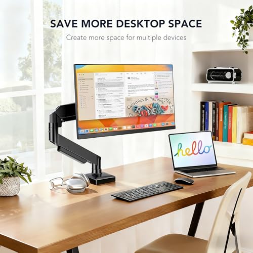 Single Monitor Mount, Gas Spring Arm for 17-32 inch Screens Adjustable Monitor Stand, Vesa Mount Stand with Clamp and Grommet Aluminum Base - Fits 4.4 to 22lbs LCD Computer Monitors HD09B-001