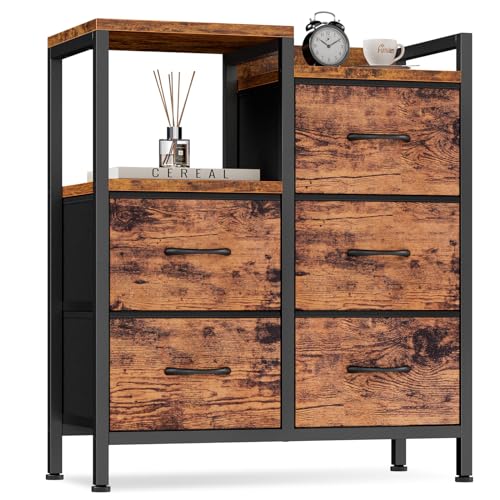 Furnulem 5 Drawer Rustic Brown Dressers for Bedroom 2 Tier Shelf Storage Small Fabric Dresser for Closet Sturdy Metal Frame Modern Style Storage Cabinets Organization Units for Hallway Rooms