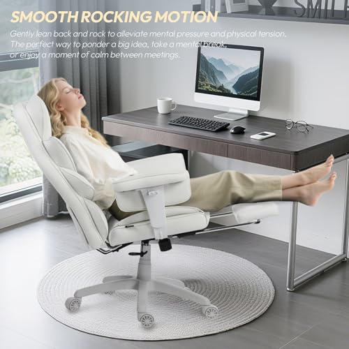 Dowinx Big and Tall Office Chair with Pocket Spring Cushion,High Back Computer Gaming Chairs with Adjustable Armrests and Lumbar Support,Executive Desk Chairs with Footrest(PU,White)