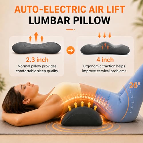 Upgraded Cordless Lumbar Support Pillow for Pain Relief Deep Tissue, 3-in-1 Heated Lower Back Massager Pillow with 3000mAh Battery, Heat, Massage, Electric Stretch, Back Support Pillow for Chair Car