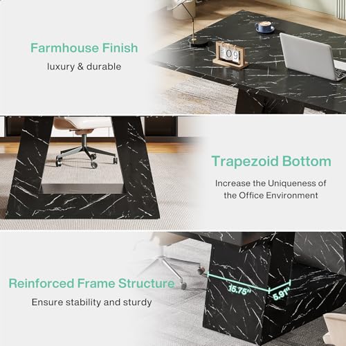 Tribesigns Modern Executive Desk, 63-Inch Large Office Desk Workstation, Simple Style Computer Desk Study Table with Sturdy Base, Wooden Faux Marble Writing Desk for Home Office, Black