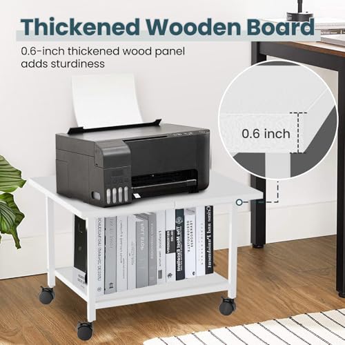 SwaaVee Printer Stand, 2-Tier Under Desk Printer Stand, Printer Cart with Wheels for Home, Office, Heavy-Duty Storage Shelf, White